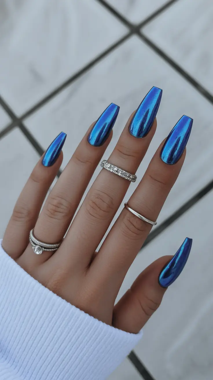 acrylic nail designs 2026 Electric Blue Chrome in Long Square Perfection