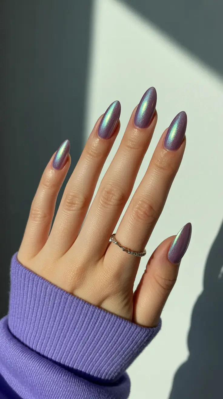 acrylic nail designs 2026 Iridescent Lavender Glow for a Soft, Dreamy Finish