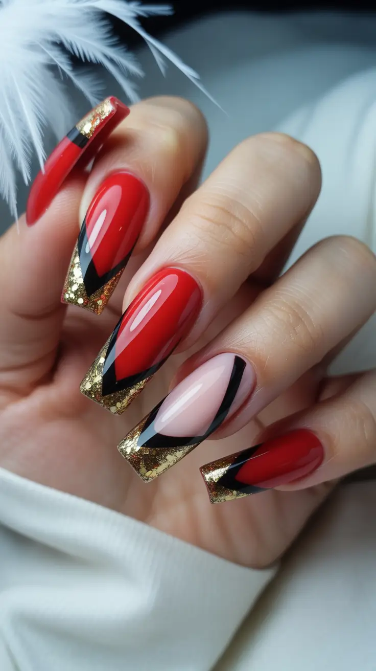 acrylic nail designs 2026 Red and Gold Power Tips With Graphic Detailing