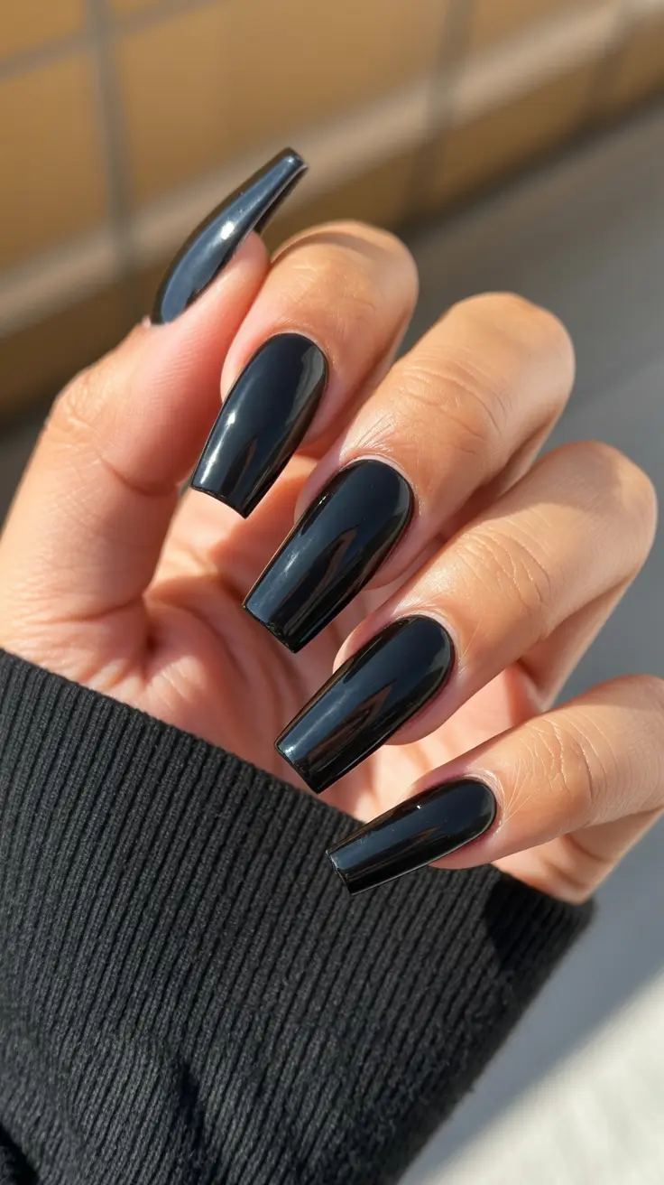 acrylic nail designs 2026 Glossy Black Coffin Nails for Pure Elegance