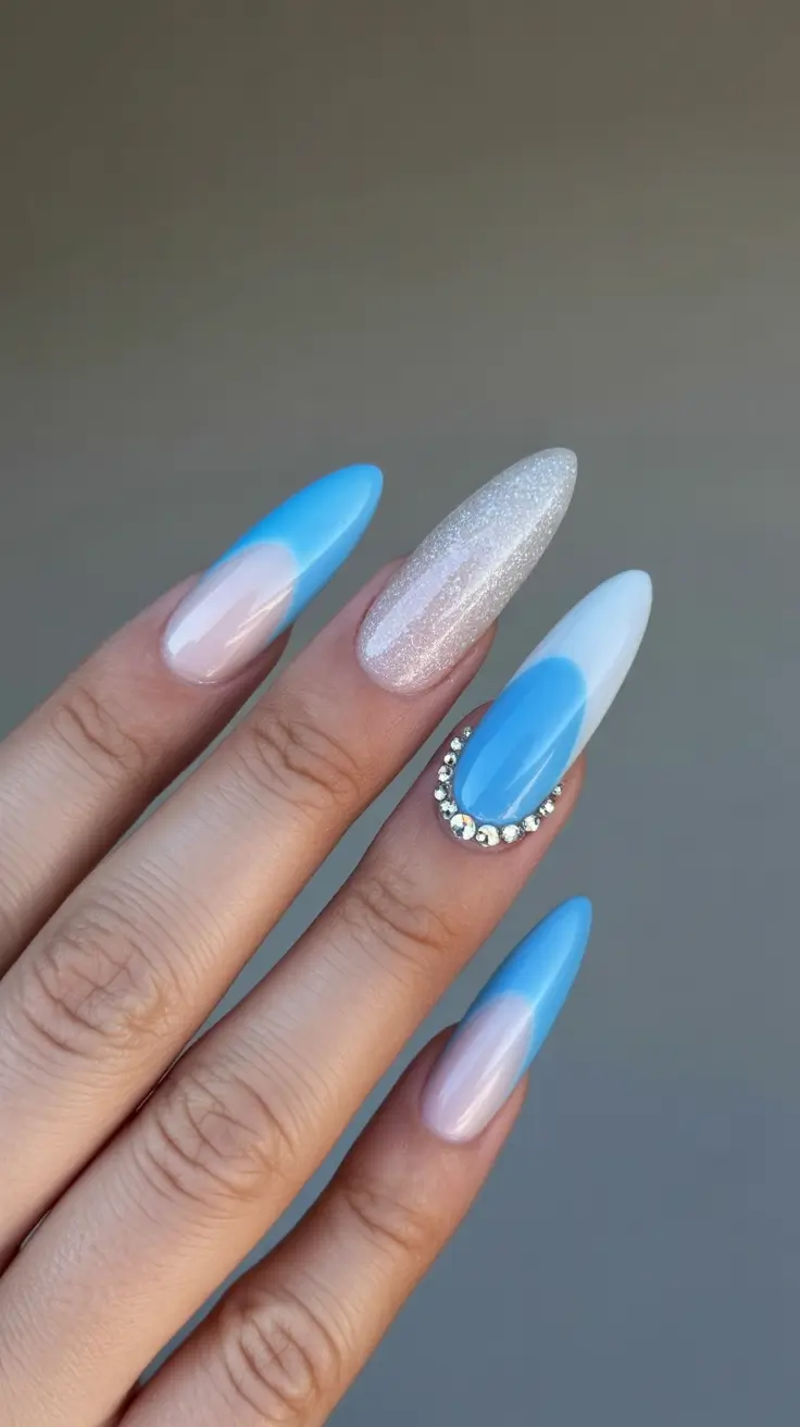 acrylic nail designs 2026 Sky Blue Sweetness With Crystal Accents