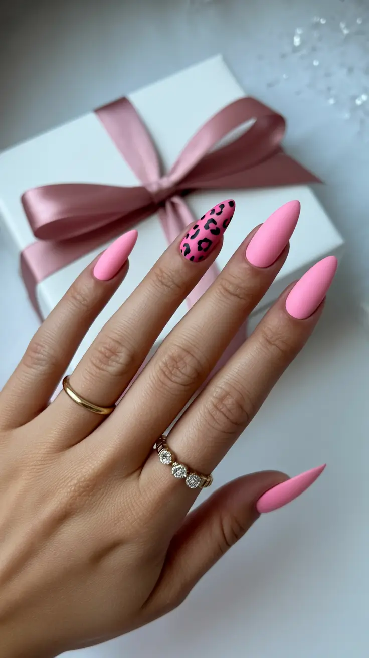 acrylic nail designs 2026 Pink Matte Sweetness With a Wild Accent