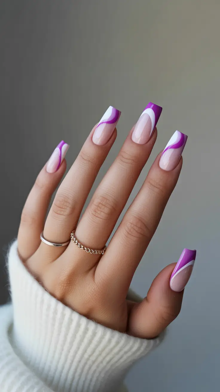 acrylic nail designs 2026 Soft Purple Swirls for Modern French Lovers