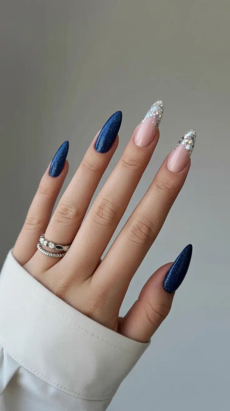acrylic nail designs 2026 Midnight Glitter Meets Silver Sparkle