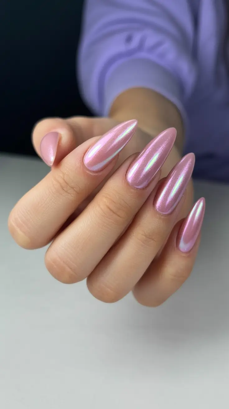 acrylic nail designs 2026 Pink Chrome Glow for a Soft Summer Shine