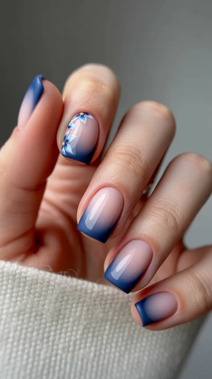 acrylic nail designs 2026 Short Blue Ombre French With Floral Detail