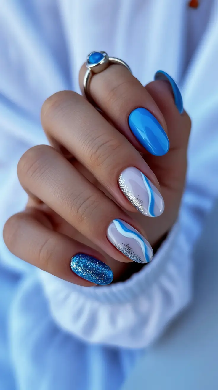 almond nail designs 2026 Ocean-Wave Blues With Sparkle Accents