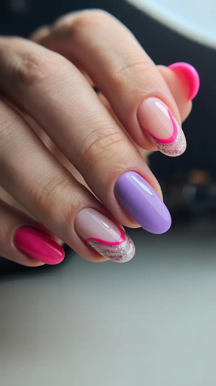 almond nail designs 2026 Color-Pop Pastels With Hot Pink Accents