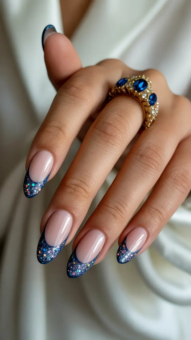 almond nail designs 2026 Galaxy-Blue Glitter French Tips