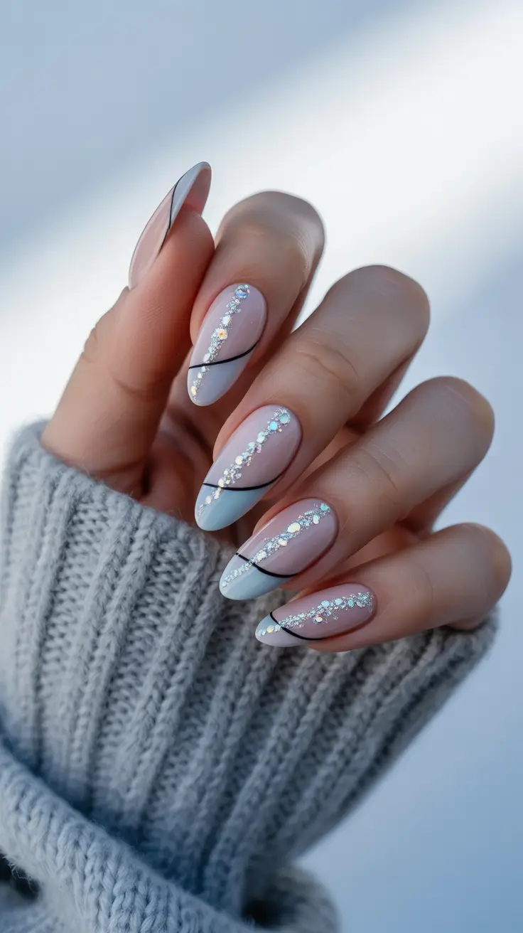 almond nail designs 2026 Soft Grey Angled Tips With Crystal Lines