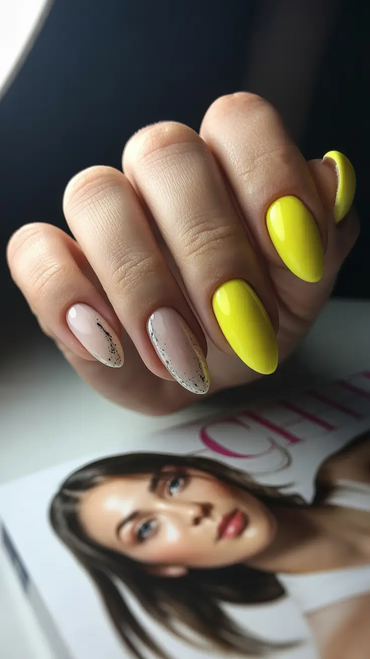 almond nail designs 2026 Sunny Yellow with Speckled Neutrals