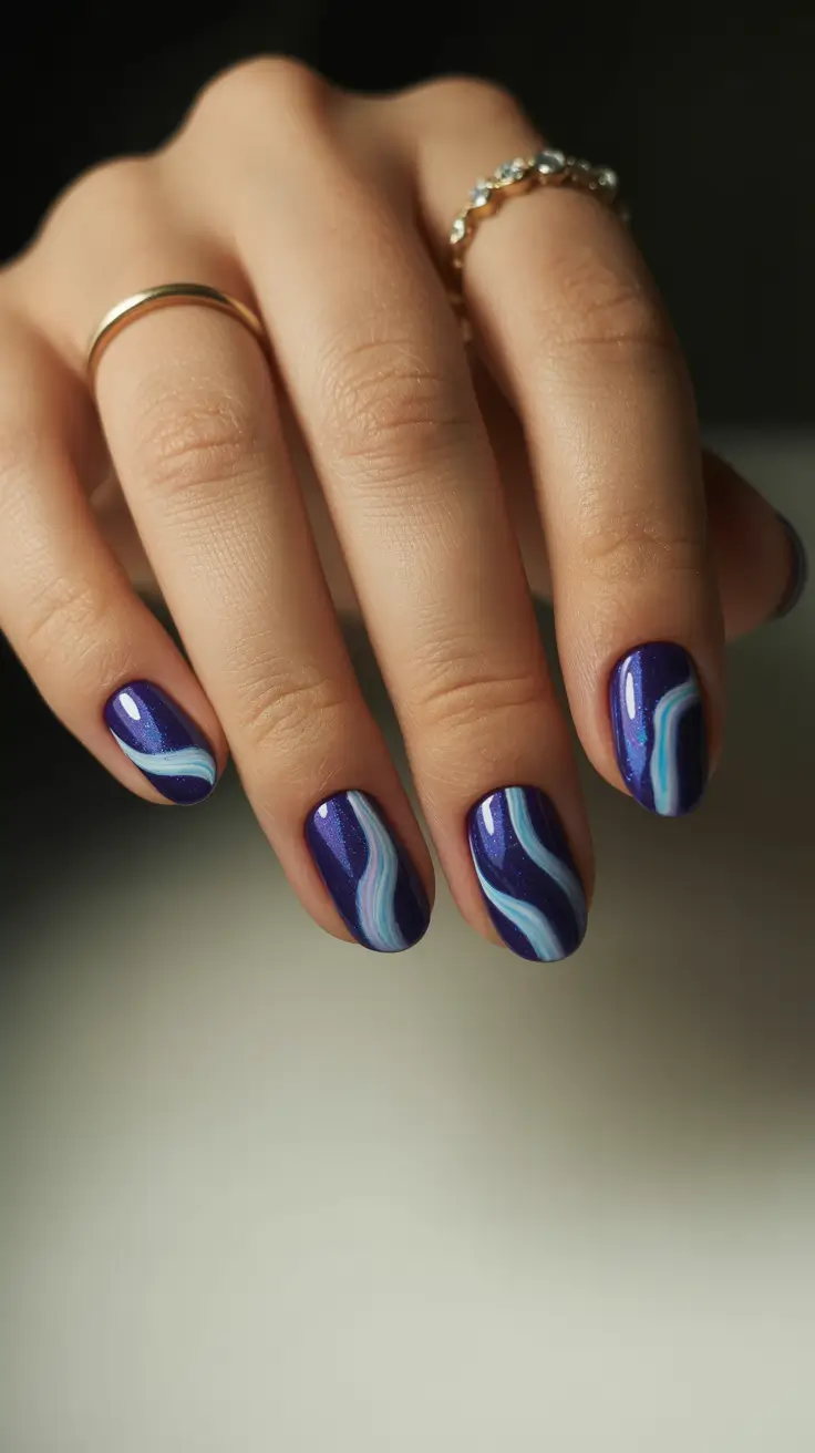 almond nail designs 2026 Deep Sapphire Waves on Short Almonds