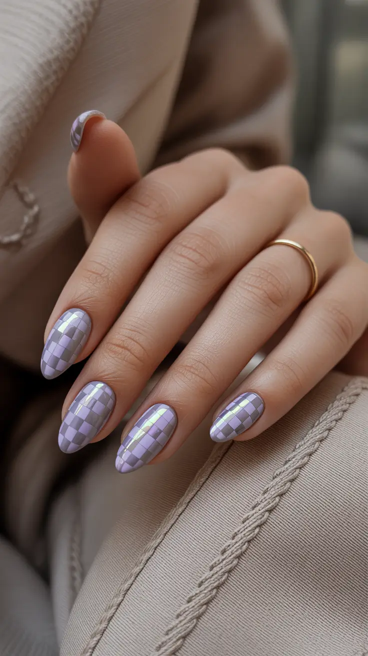 almond nail designs 2026 Lavender Checkerboard Chrome Tiles
