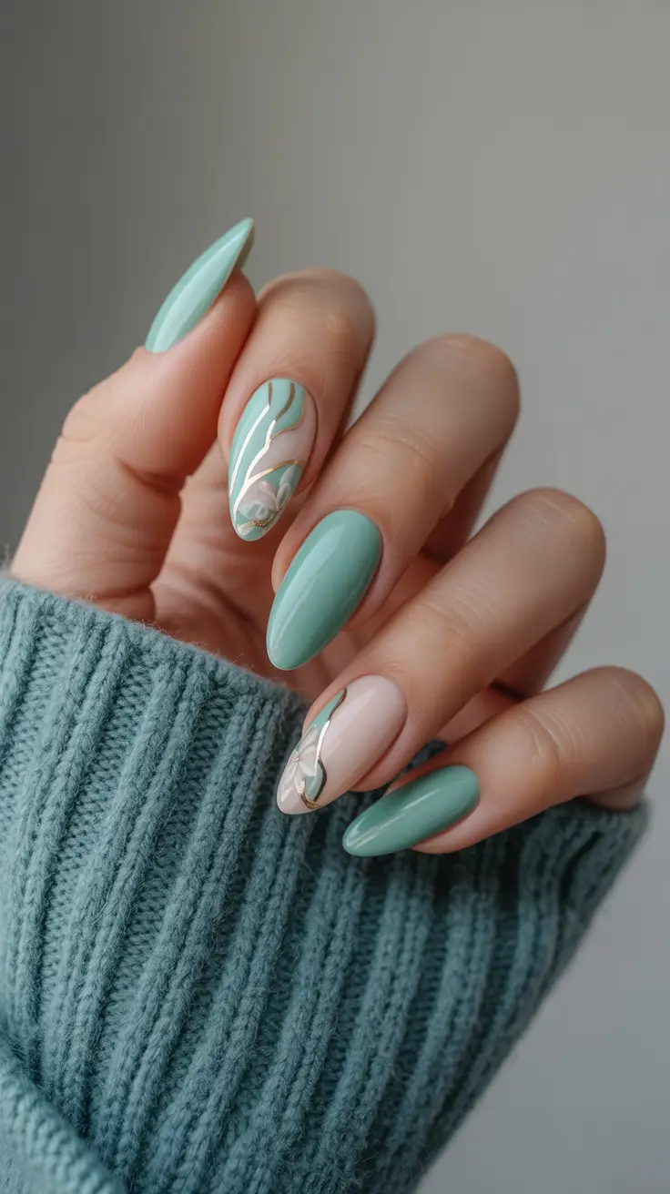 almond nail designs 2026 Mint Marble With Gold Leaf Detailing