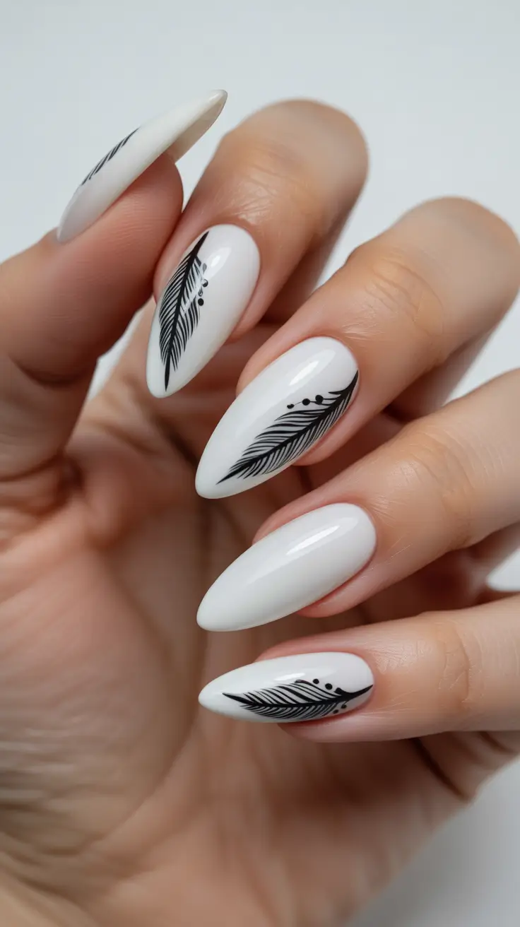 almond nail designs 2026 Minimal Black Leaf Motifs on Clean White