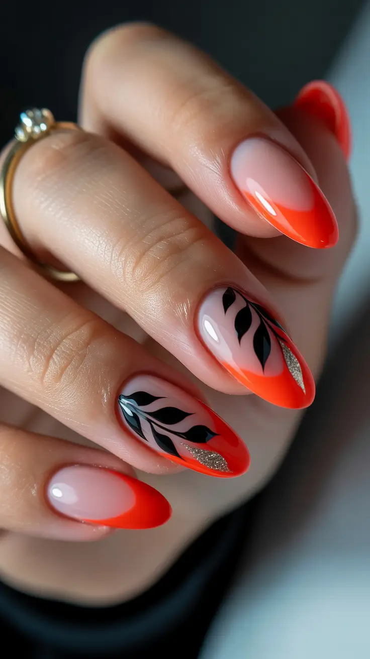 almond nail designs 2026 Red-Orange Flames With Black Leaf Art