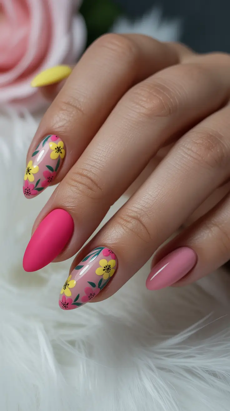 almond nail designs 2026 Playful Floral Mix in Pink and Yellow