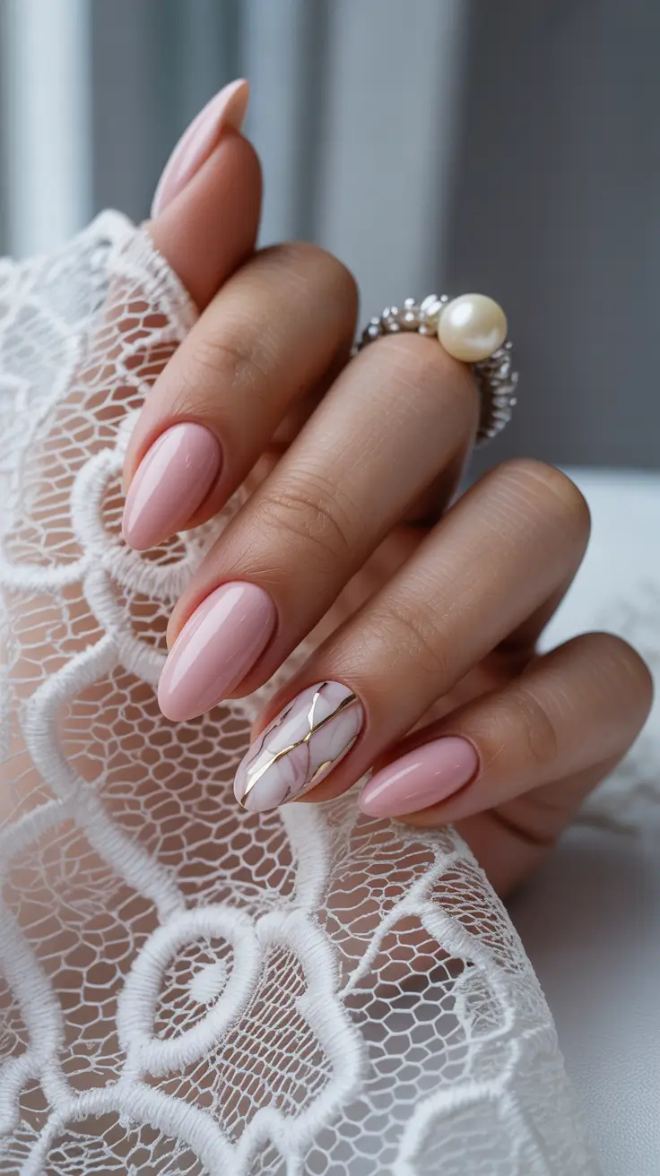 almond nail designs 2026 Milky Pink Marble With Golden Veining