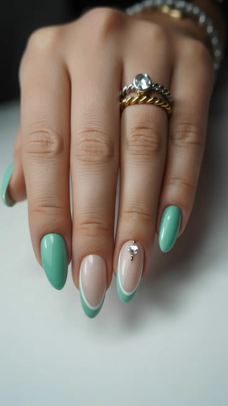 almond nail designs 2026 Mint-Toned Curved French With Crystal Detail