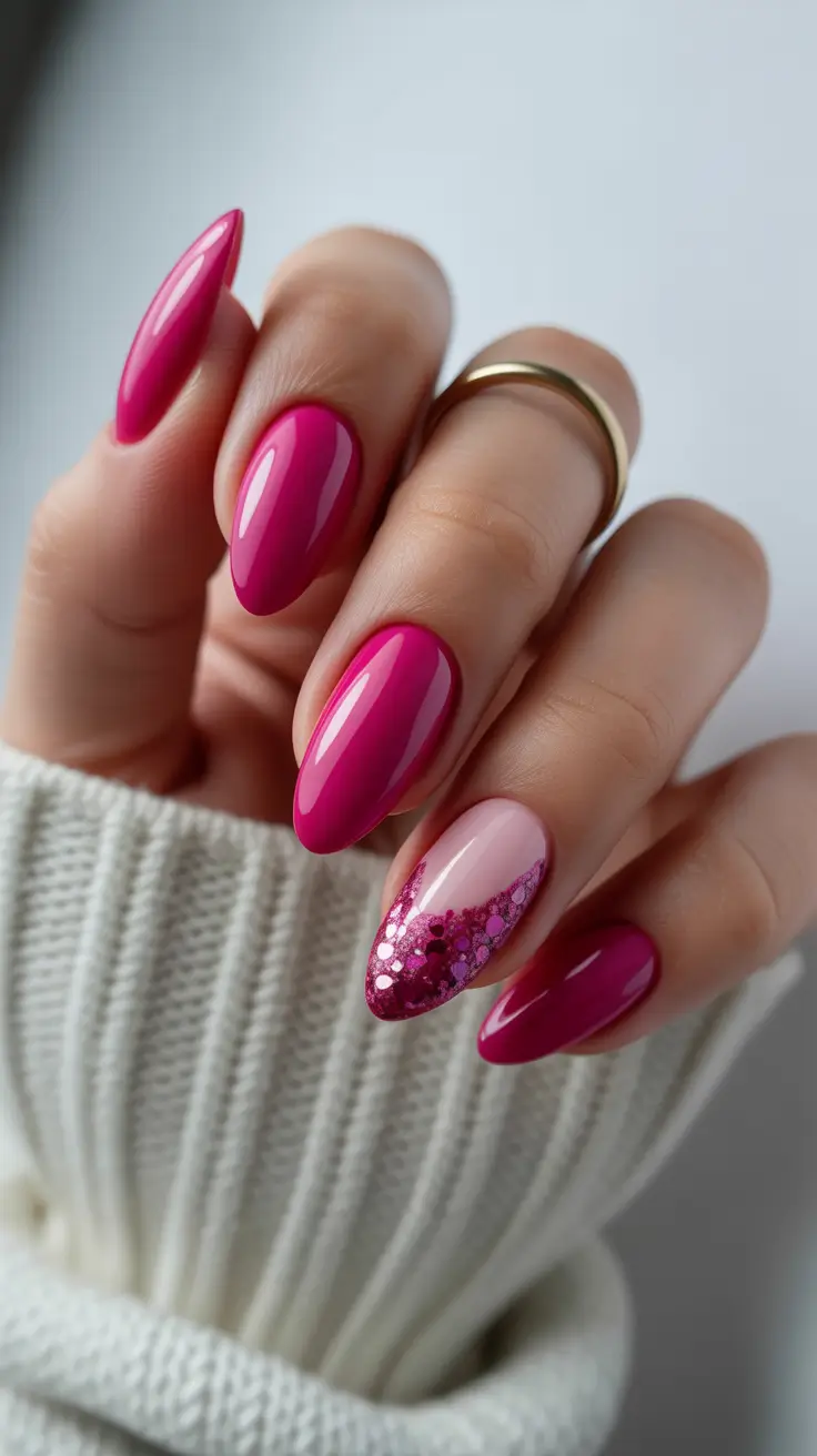 almond nail designs 2026 Vibrant Fuchsia With Glitter Fade Accent