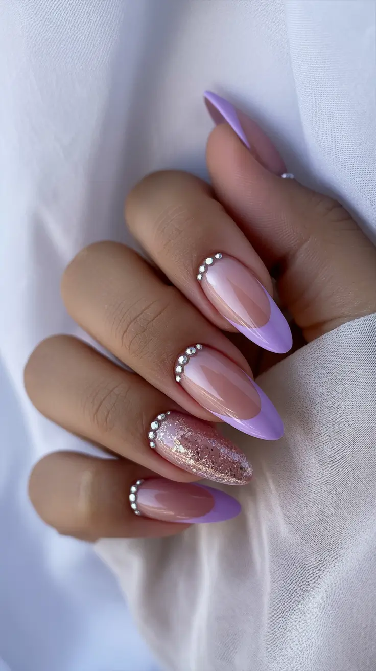 almond nail designs 2026 Lavender French With Crystal Half-Moons