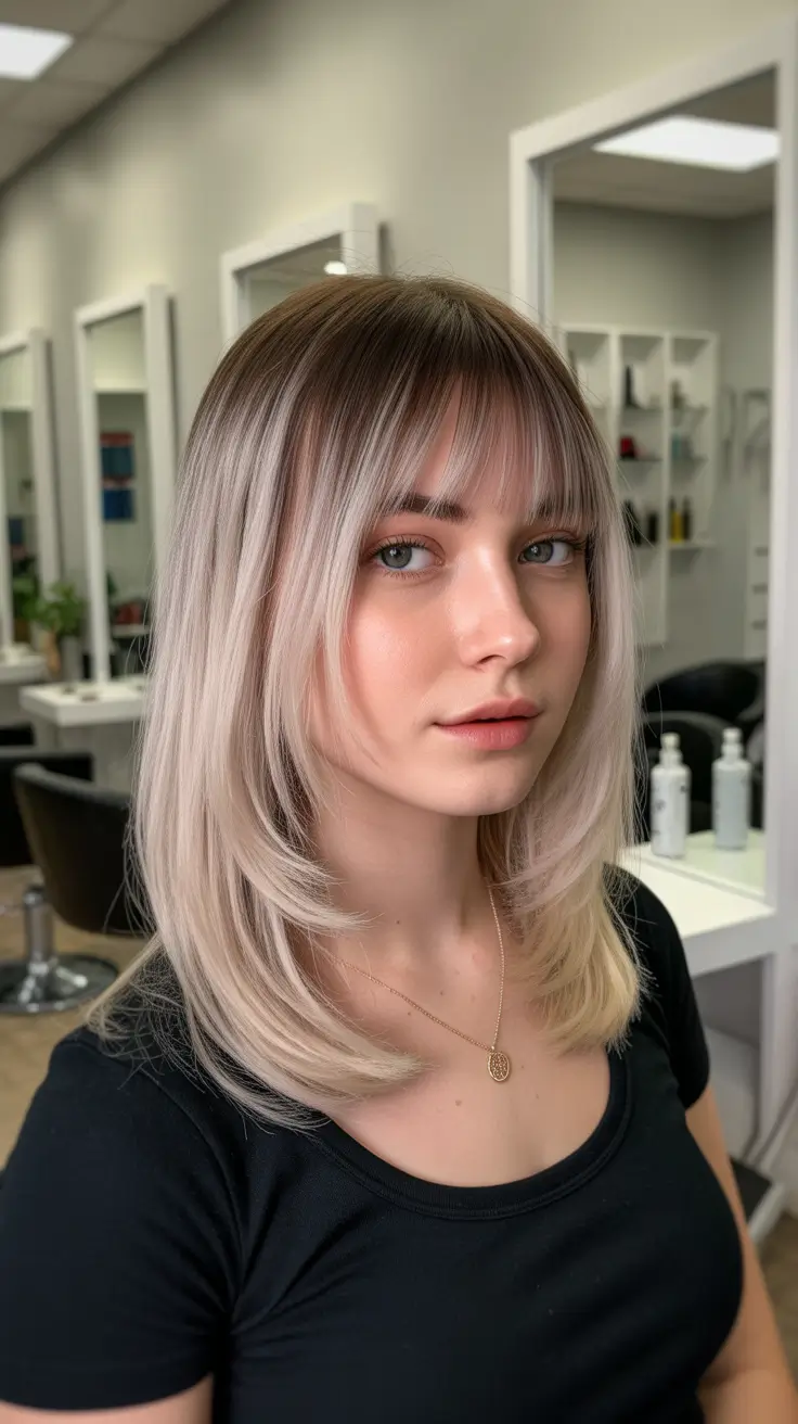 ash blonde hair color 2026 Iced Feather Layers with Bangs