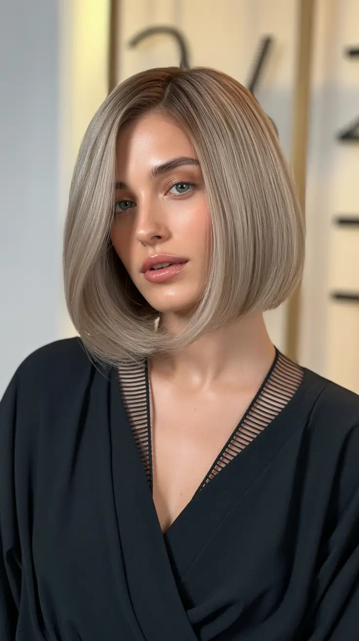 ash blonde hair color 2026 Glossy Mushroom Bob