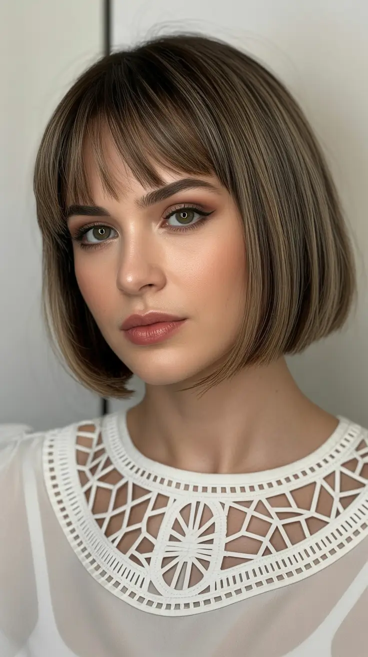 ash brown hair color 2026 Elegant Ash Brown Bob with Subtle Bangs
