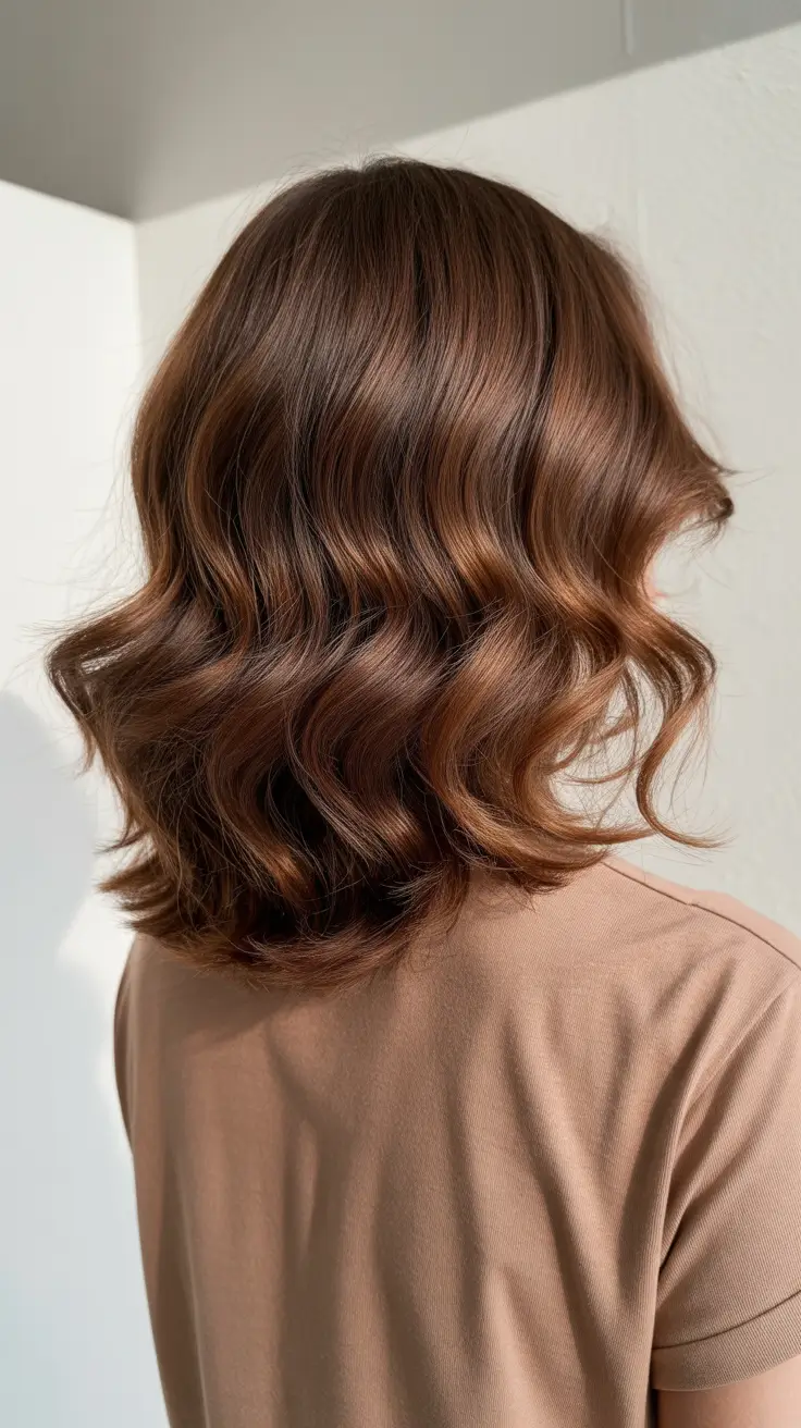 ash brown hair color 2026 Warm Mocha Waves with a Sunlit Glow