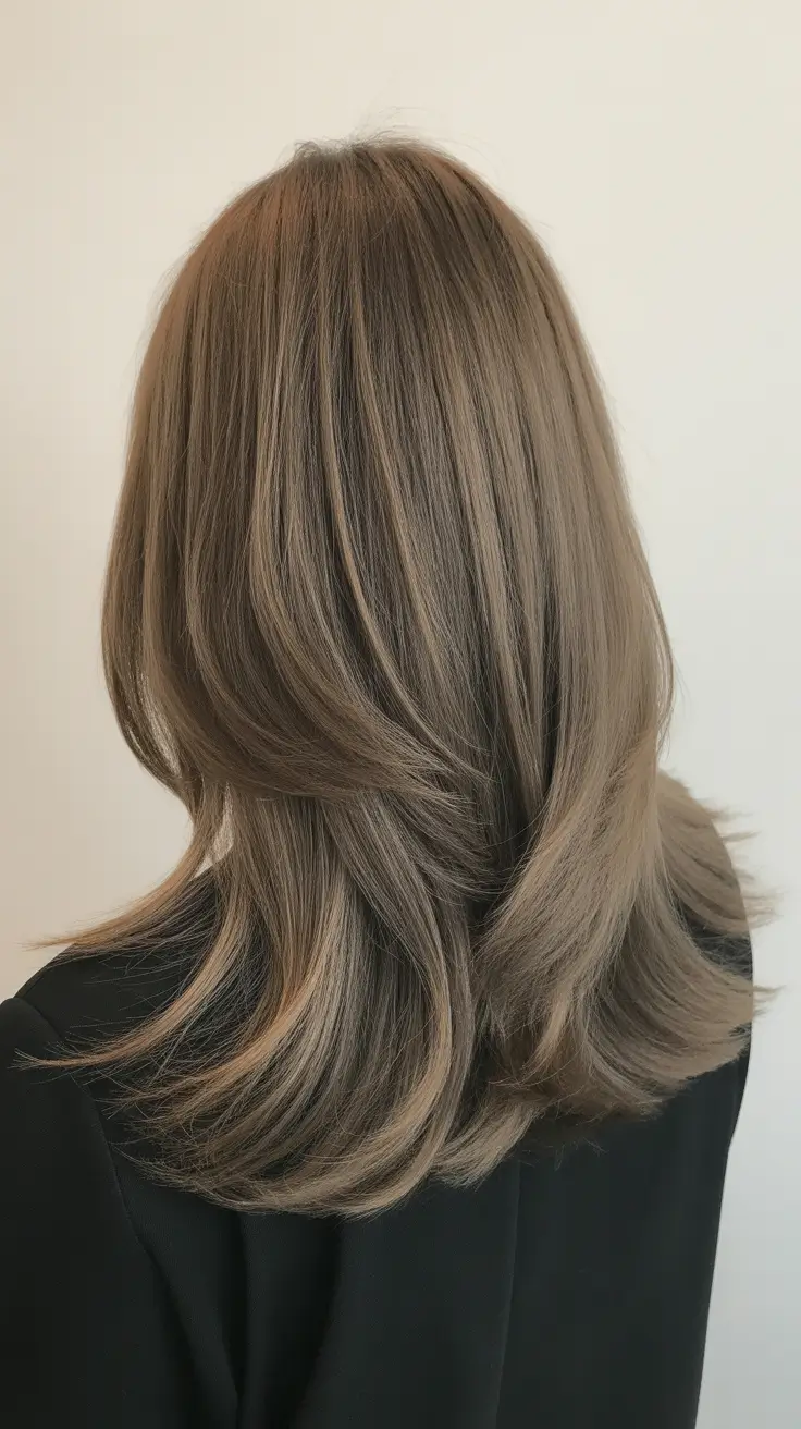 ash brown hair color 2026 Medium Ash Layering for Subtle Movement