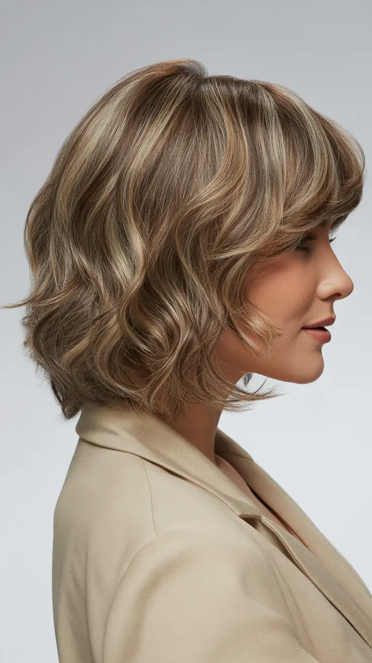 ash brown hair color 2026 Golden Ash Bob with Soft Waves