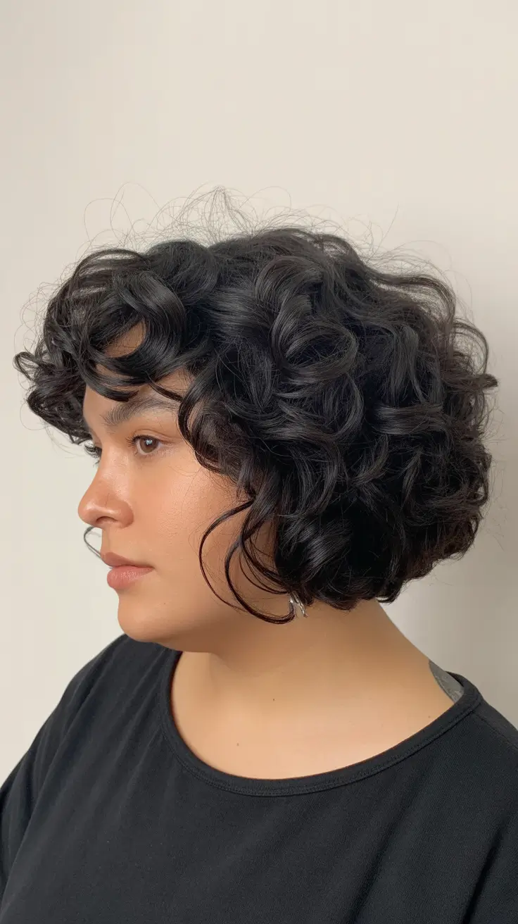 short haircuts for chubby faces curly hair+Jet Black Curly Bob