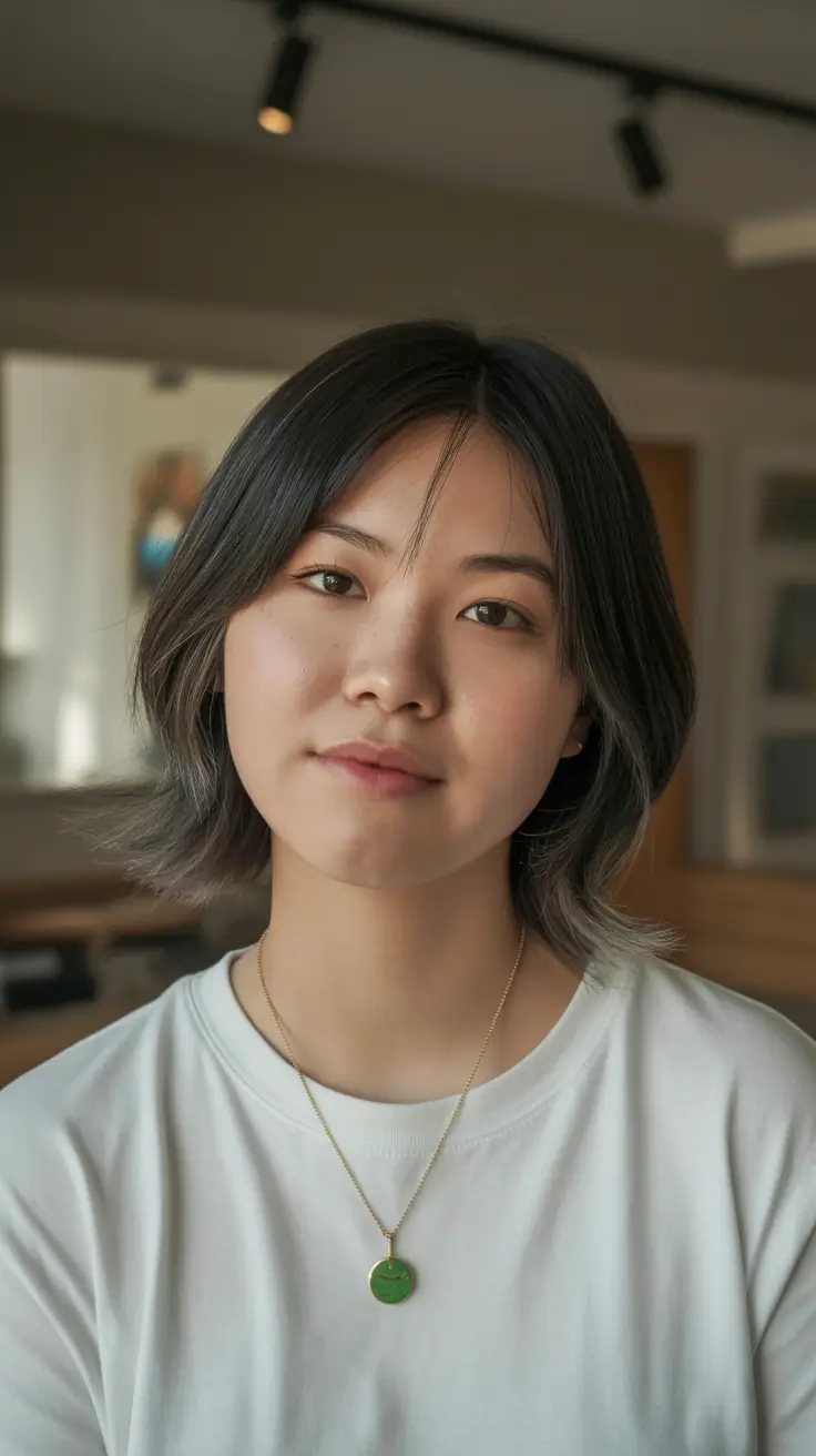 haircuts for chubby faces straight hair+Choppy Shoulder-Length with Wispy Center Bangs