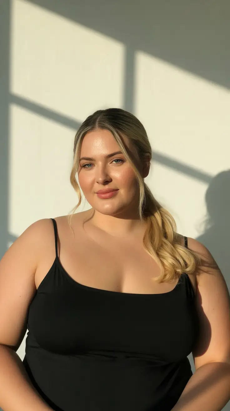 haircuts for round chubby face+Low Blonde Ponytail with Face-Framing Tendrils