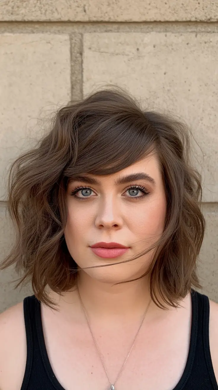 haircuts chubby face short+Textured Chocolate Bob with Side Bangs