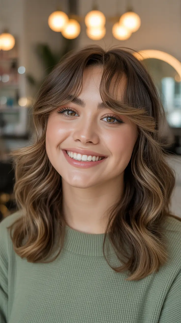 chubby face haircuts+Shoulder-Length Balayage with Flowy Bangs