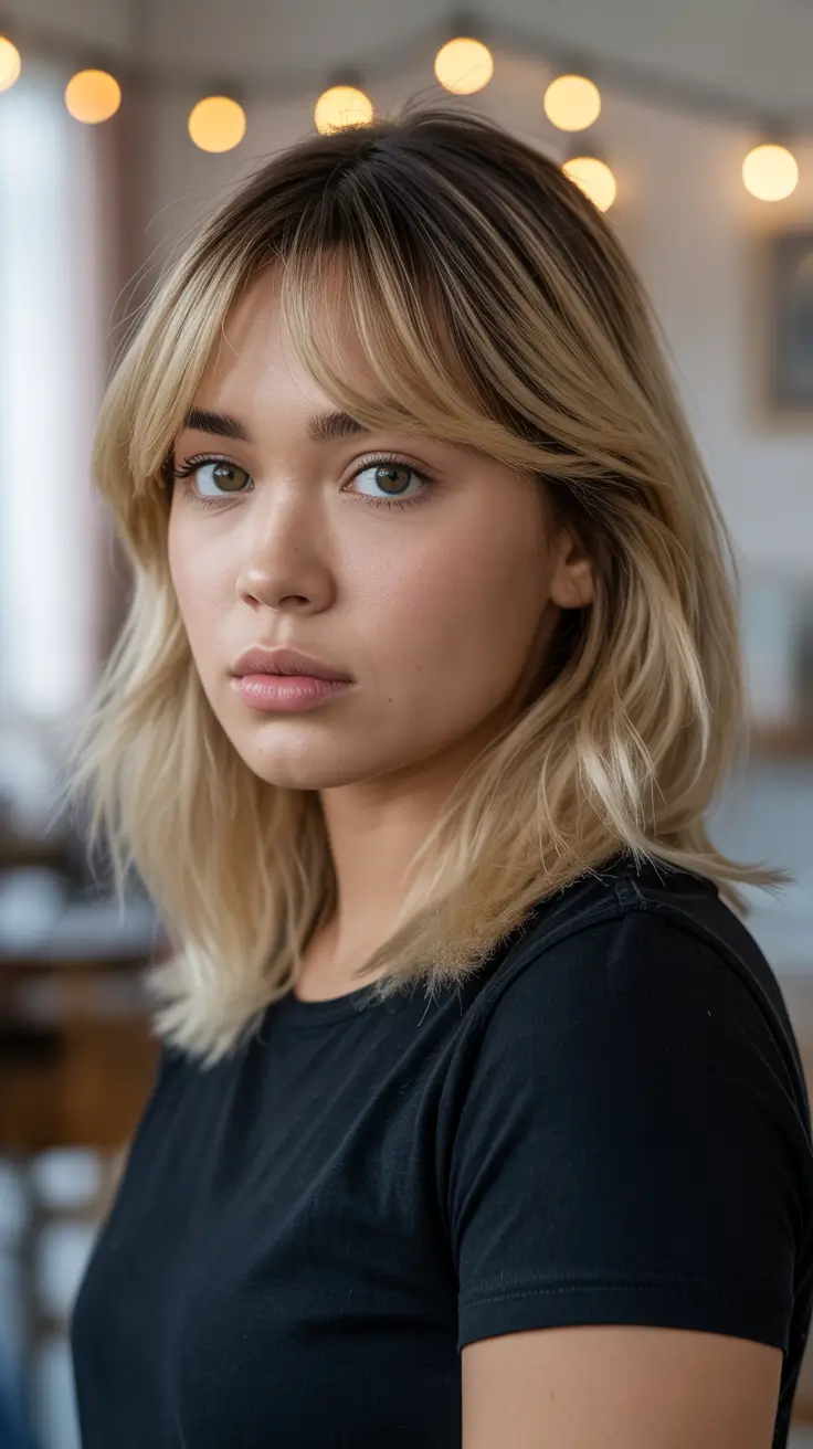 fat face haircuts 2026 Soft Shag with Wispy Bangs