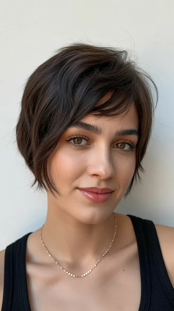 fat face haircuts 2026 Textured Pixie with Side Fringe