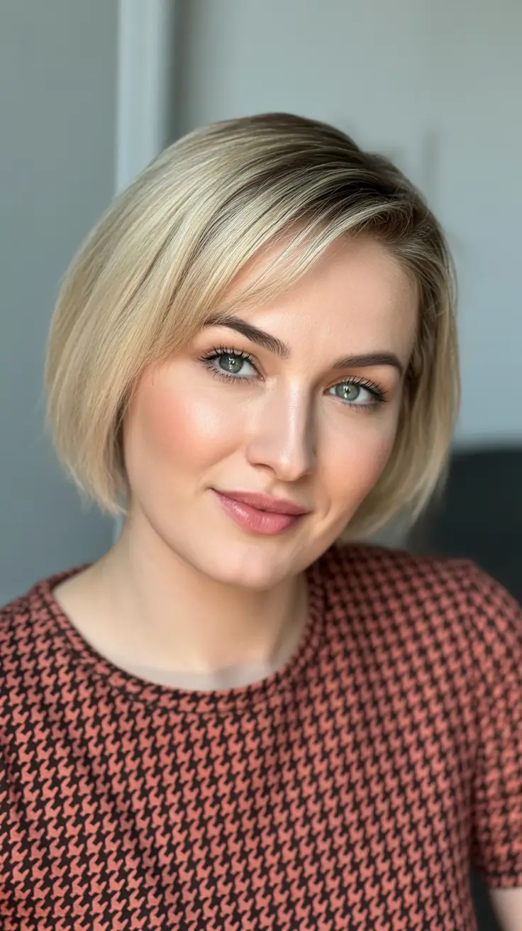 fat face haircuts 2026 Rounded Blonde Bob with Side Part