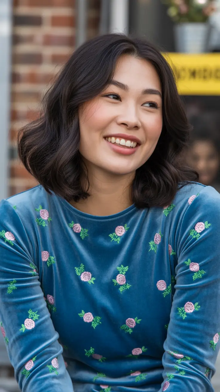 fat face haircuts 2026 Soft Shoulder Waves with Middle Part