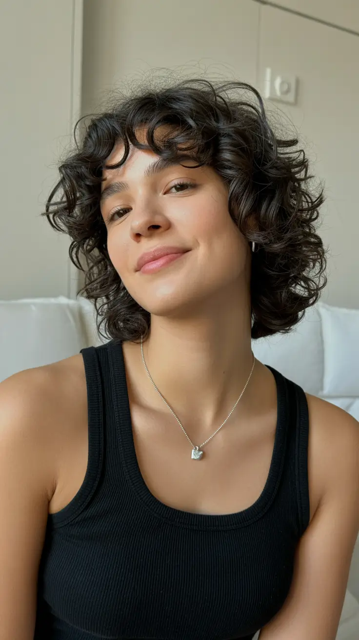 fat face haircuts 2026 Curly Crop with Volume Bangs