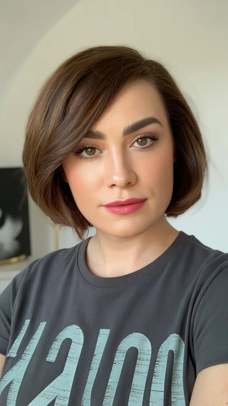 fat face haircuts 2026 Deep Side-Parted Bob