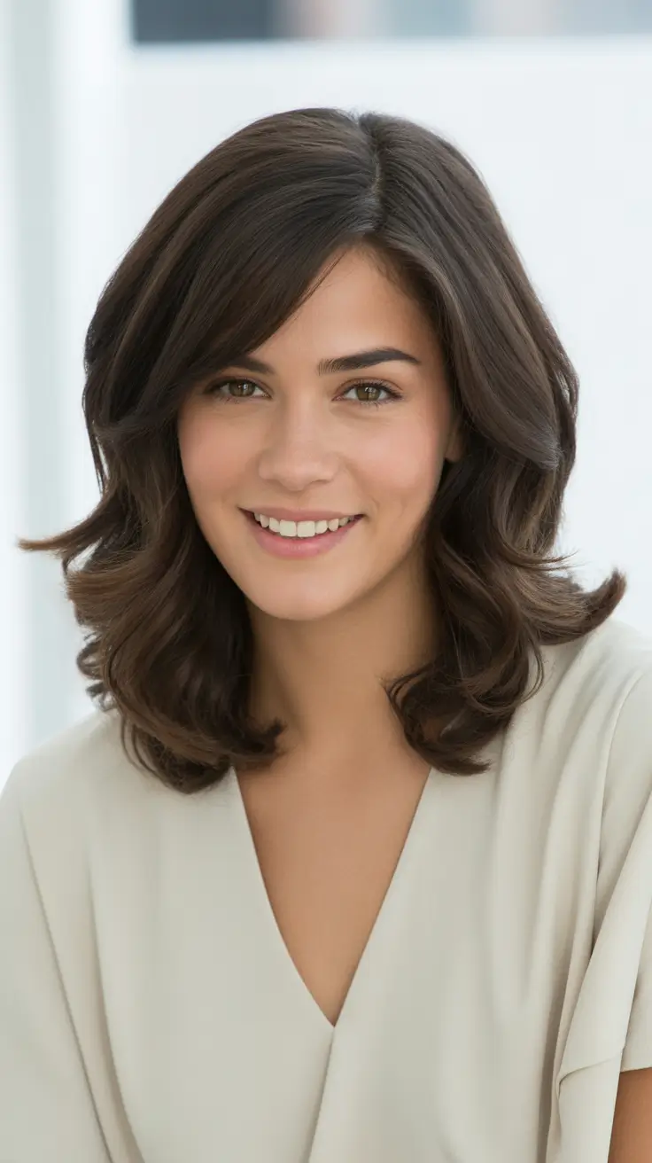 fat face haircuts 2026 Soft Medium Waves with Side Bangs