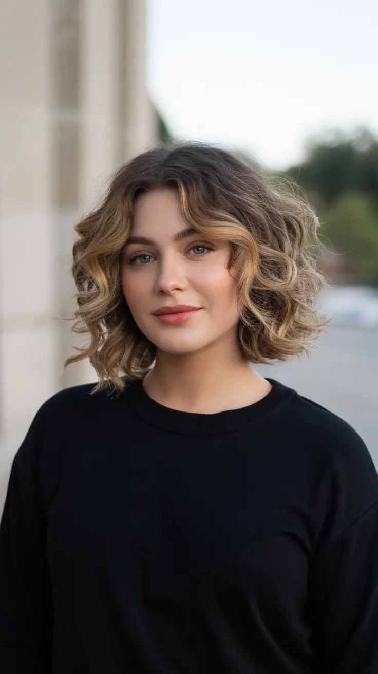 fat face haircuts 2026 Curly Bob with Honey Highlights