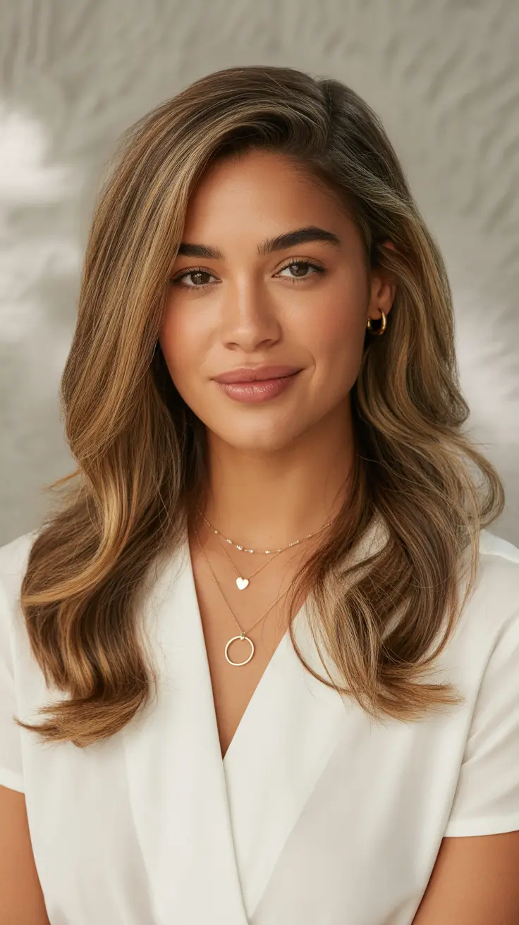 fat face haircuts 2026 Layered Long Waves with Caramel Balayage