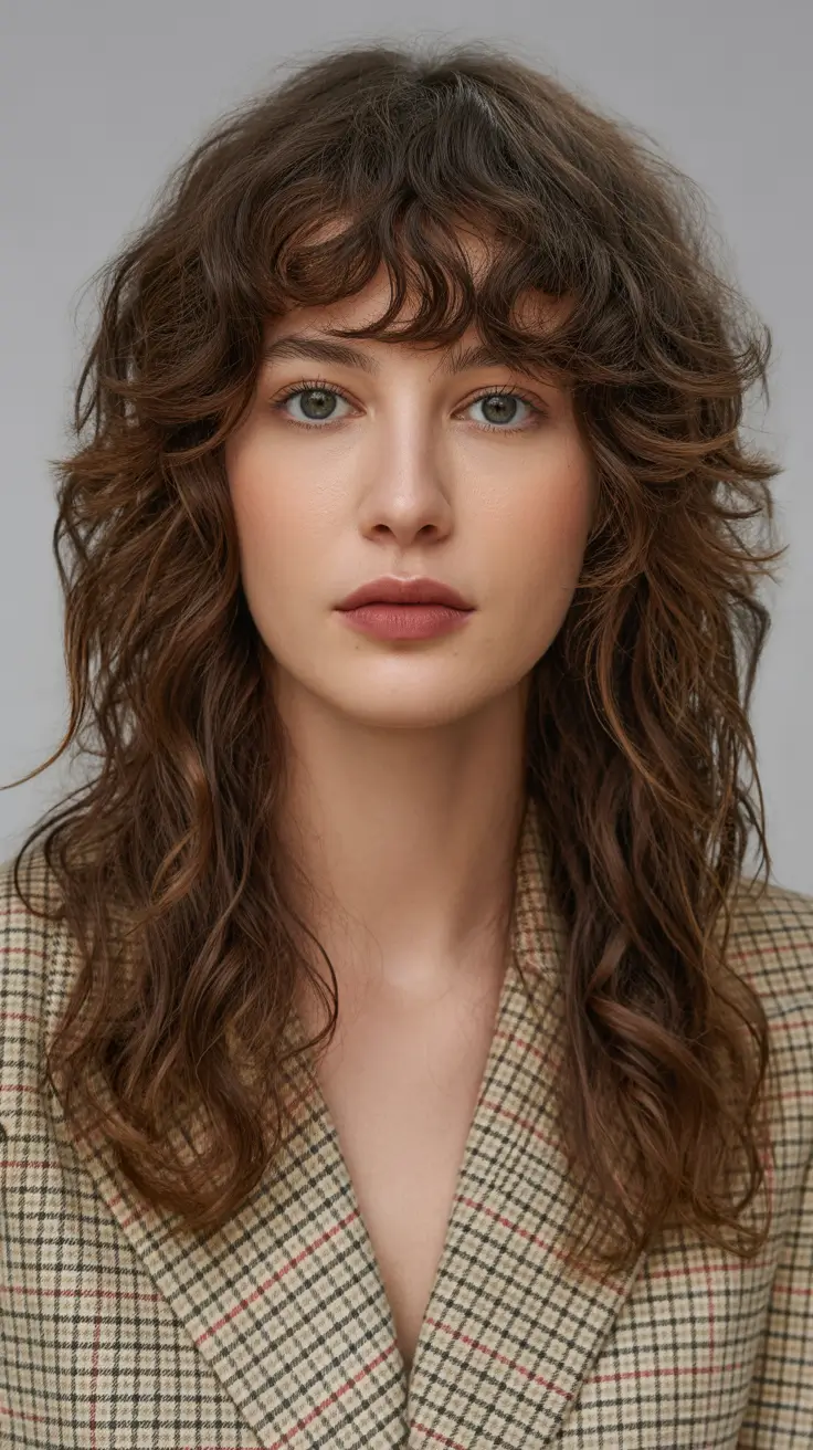 best haircuts for wavy hair 2026 Long Layered Wolfcut with Effortless Bangs
