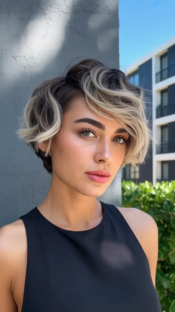 best haircuts for wavy hair 2026 Side-Swept Pixie Bob with Bold Contrast