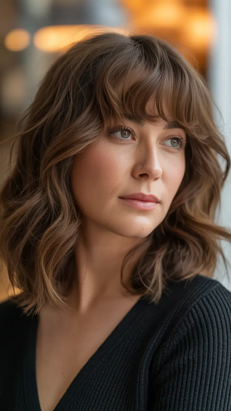 best haircuts for wavy hair 2026 Soft Mid-Length Waves with Curtain Bangs