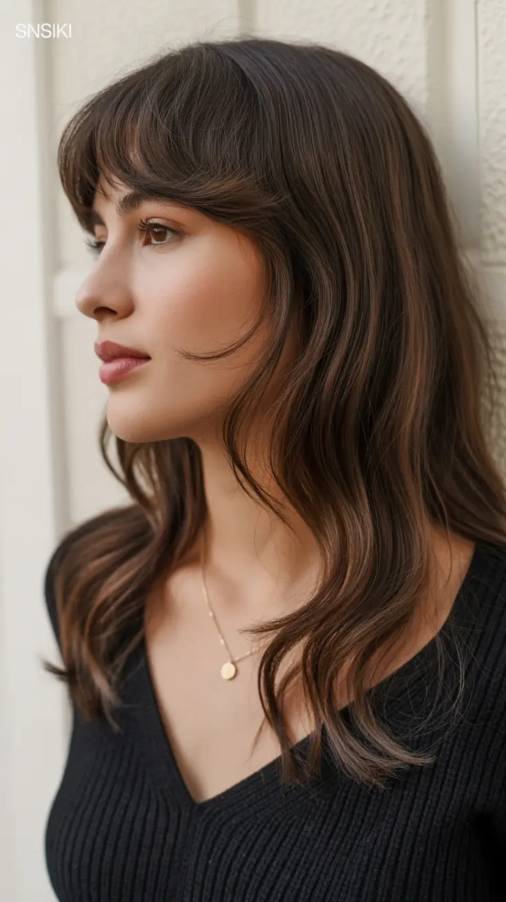 best haircuts for wavy hair 2026 Soft Mid-Length Waves with Baby Bangs