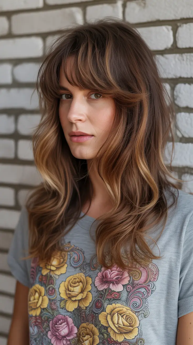 best haircuts for wavy hair 2026 Long Layered Balayage with Subtle Bangs